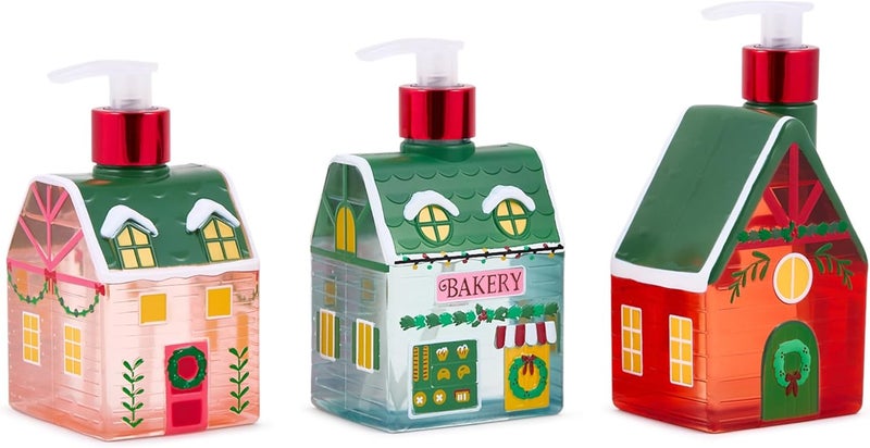 simple pleasures Christmas Holiday Village 3 Pack - Frosted Strawberry, Snow Flurries, Peppermint Swirl Scented Decorative Refillable Soap Dispensers for Kitchen Countertops and Bathroom Sinks - Image 3